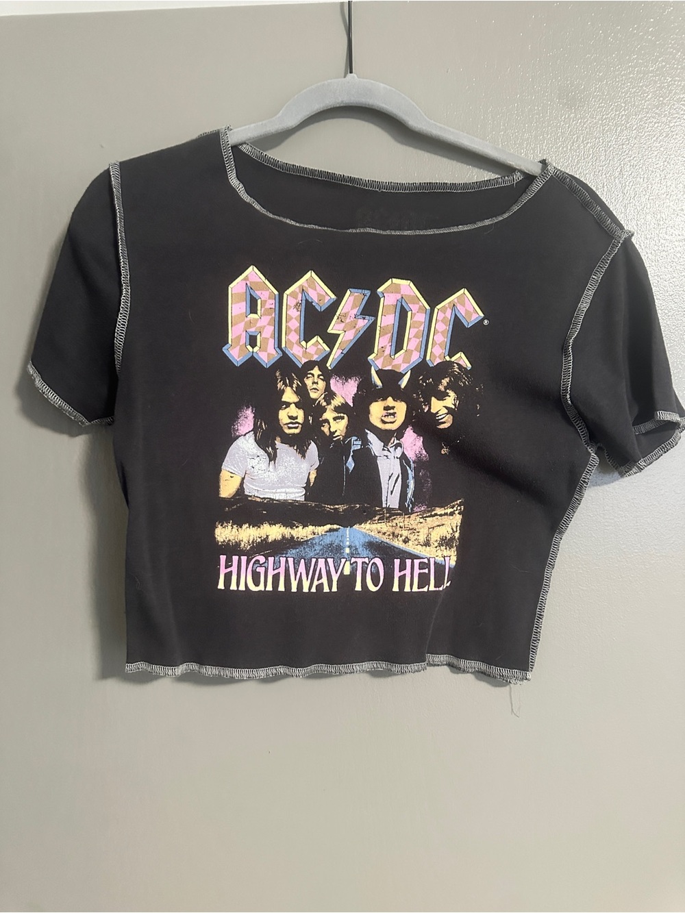 AC/DC Black Women's Crop Tee with Pastel Graphic